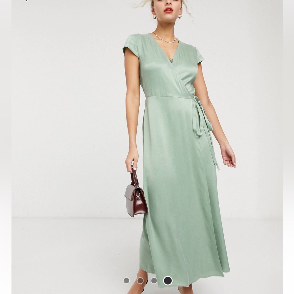 & Other Stories satin wrap dress in dusty green